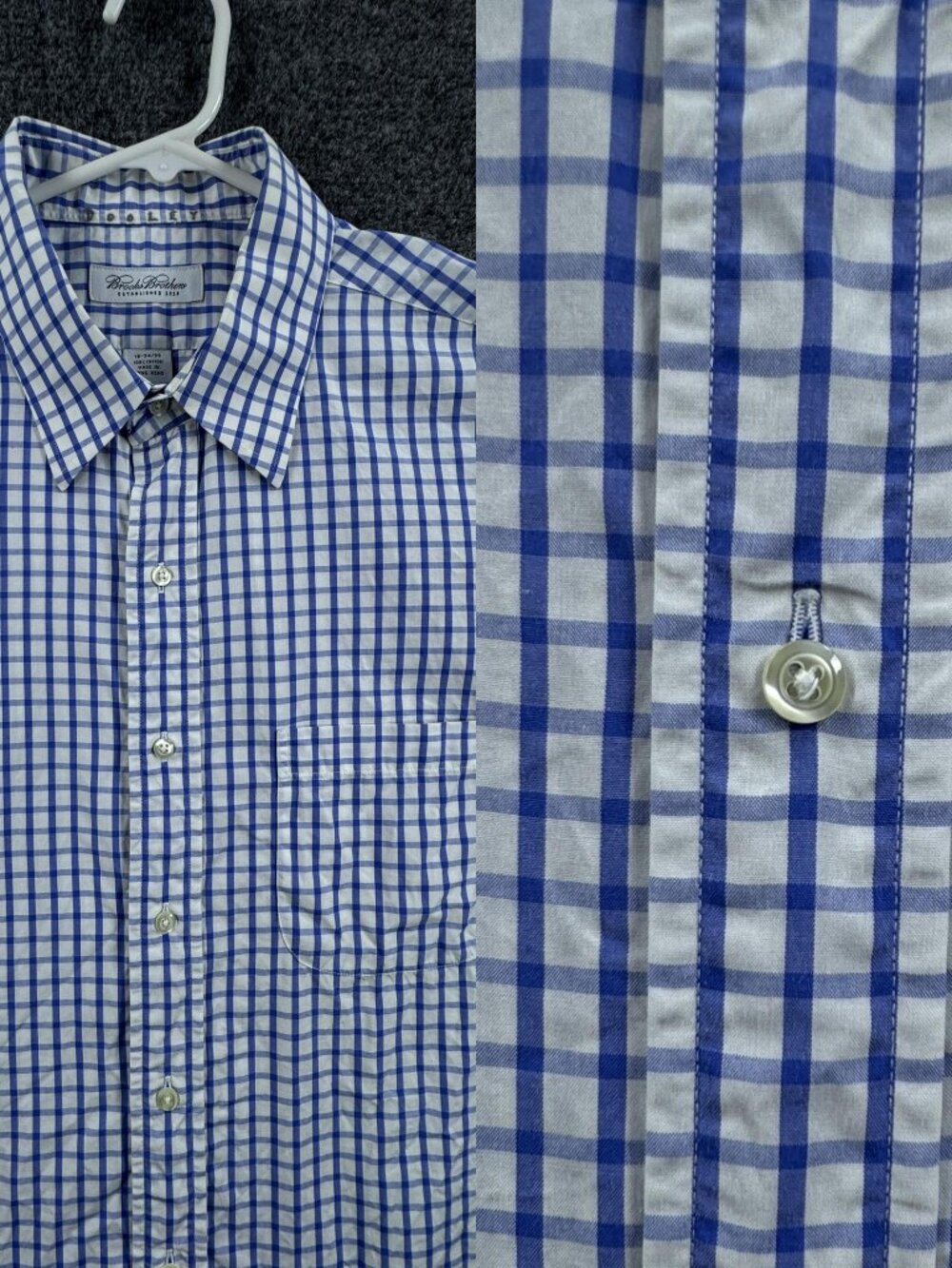Brooks Brothers Check Blue White 18 34/35 Cotton Button-Down Shirt Pocket Mens